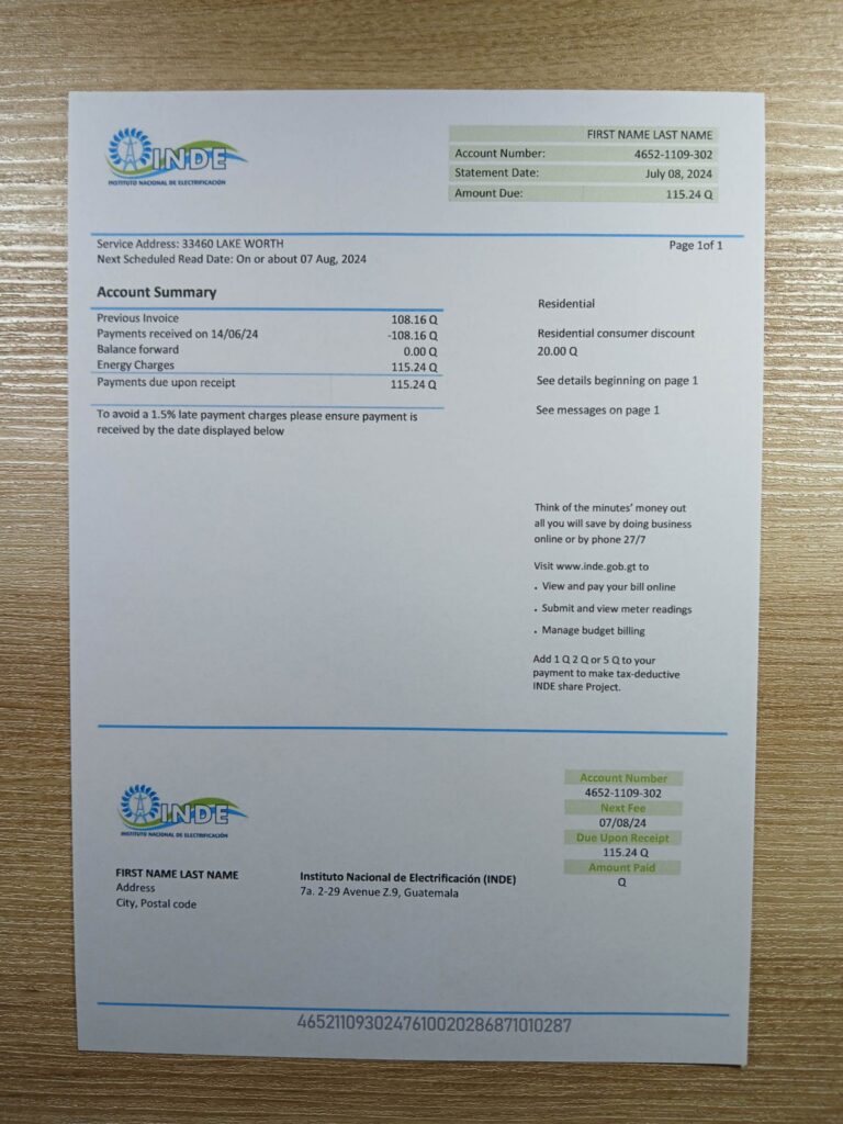 Photographed version of editable Guatemala INDE invoice