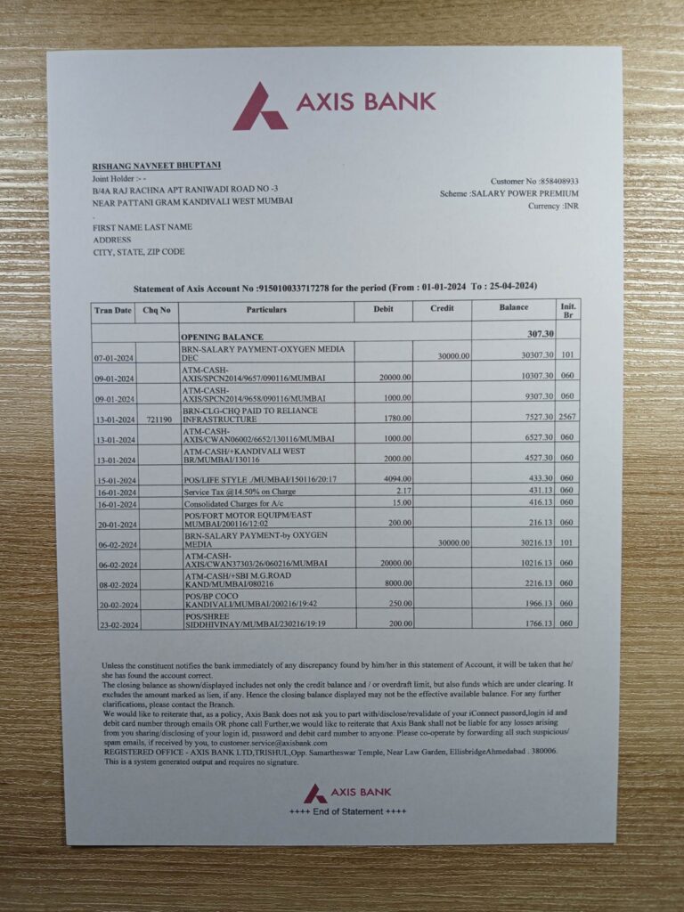 Sample proof of address from Axis India Bank Statement utility photo