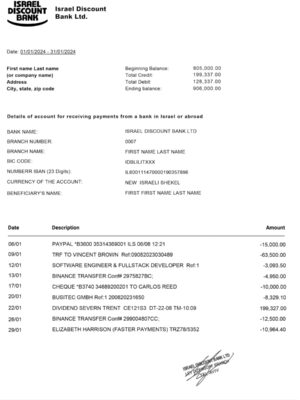 Clean layout of Israel Discount Bank Statement – editable Israel version