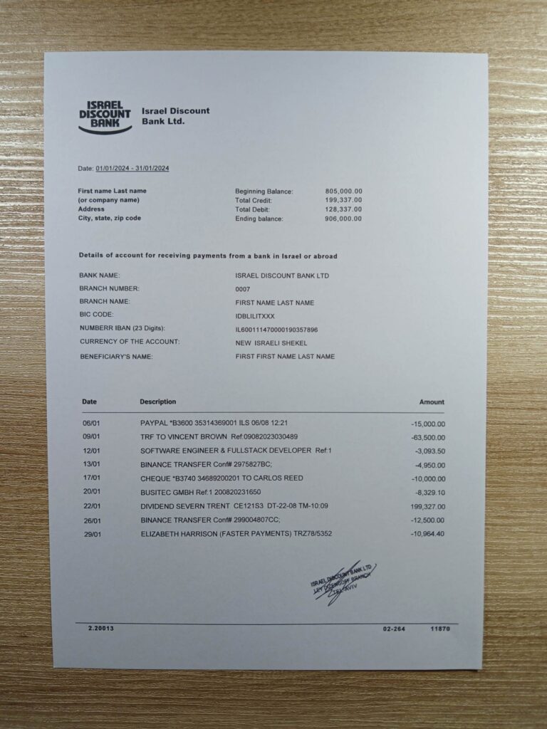 Template of Israel Bank Statement utility file in physical form