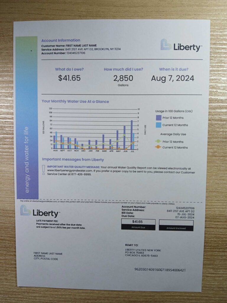 Texas Liberty water bill printout example for KYC