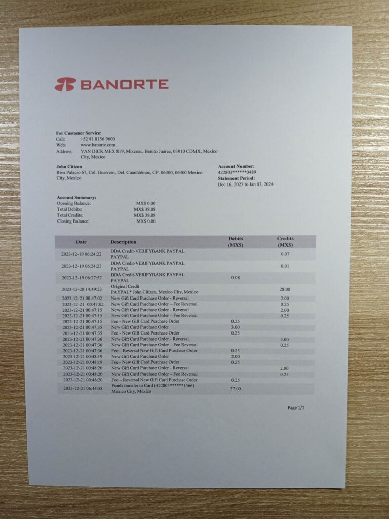 Realistic Mexico Banorte bank statement utility bill photo on desk