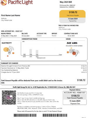 Editable electricity bill template – Singapore Pacific Light sample in PDF