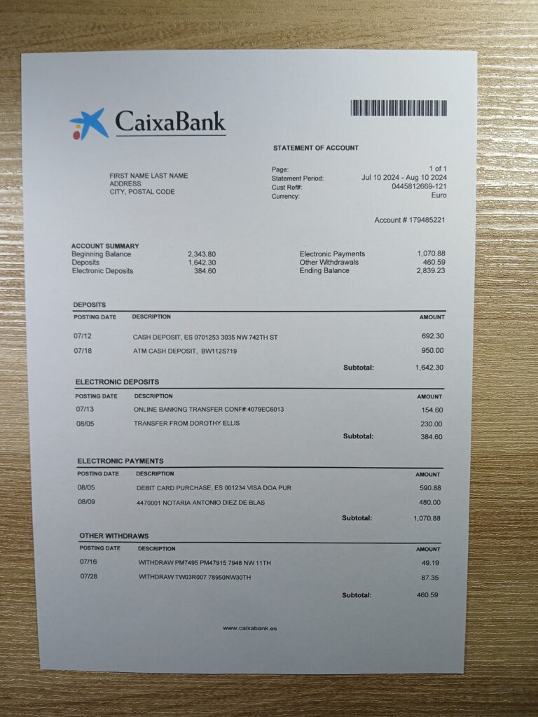 Spain Caixa-Bank water/electric/gas bill printed and shown