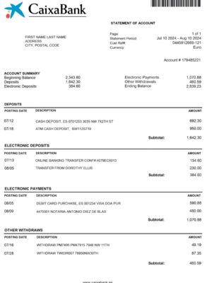 Editable Bank statement template – Spain Caixa Bank sample in PDF
