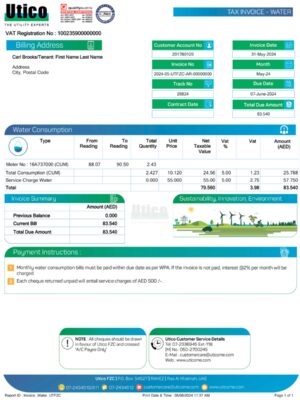 Clean layout of UTICO water bill – editable UAE version
