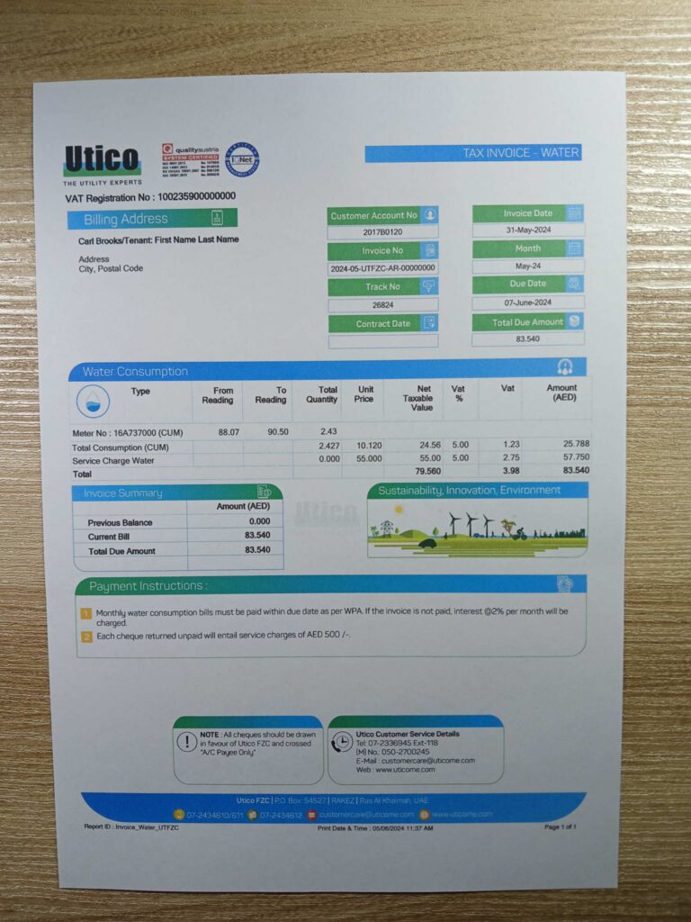 Physical UAE UTICO Water utility bill snapshot for review