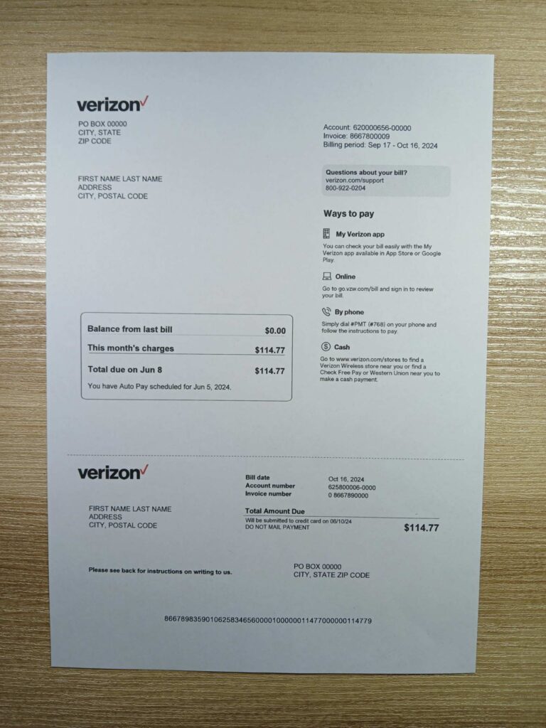 Verizon Phone utility invoice on paper for reference US