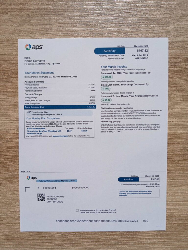 APS Energy bill printed and photographed – address proof from Arizona