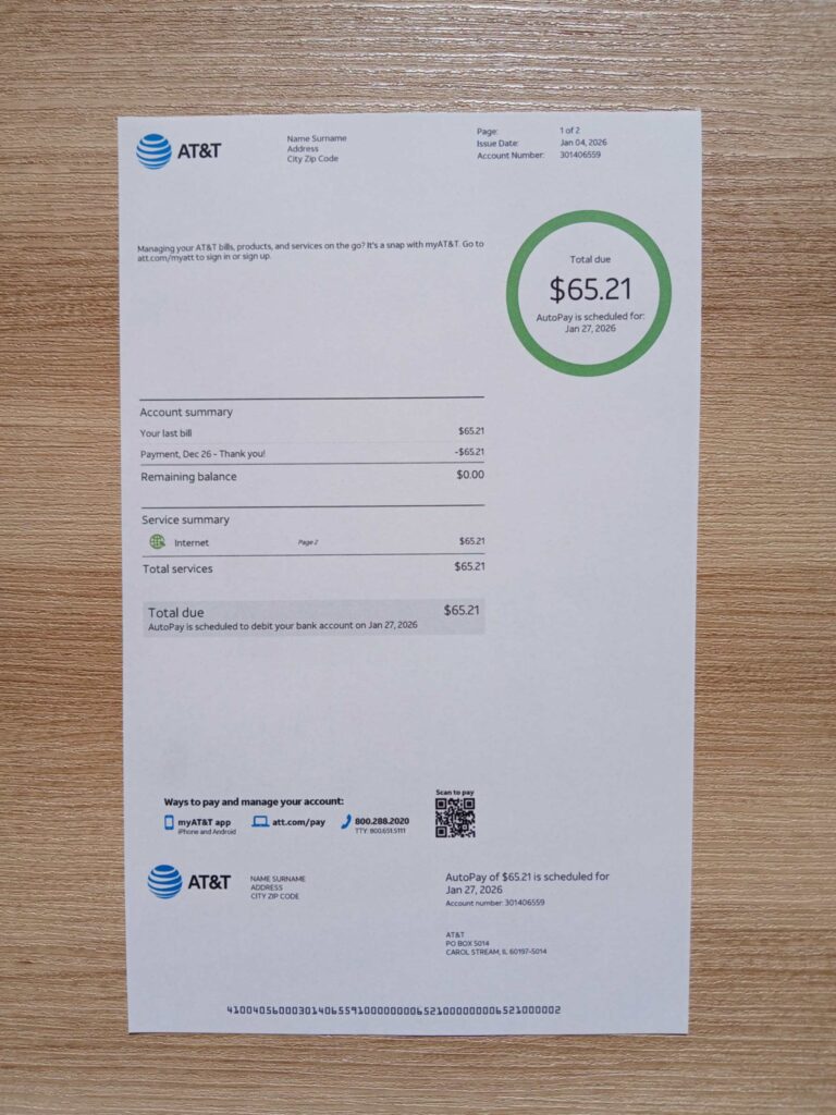 Authentic printed AT&T bill from USA – proof of address example
