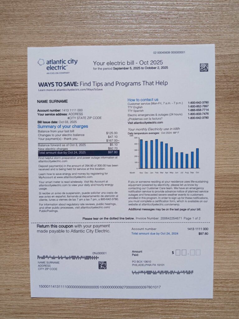 Visual example of printed Atlanta City electric utility bill in New Jersey