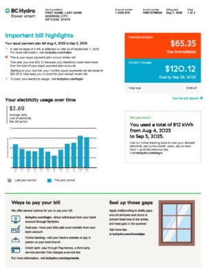British Columbia Hydro electric statement from Canada – modifiable PDF template