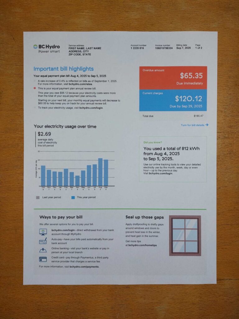 Printed BC Hydro Canada electric utility bill – real photo for document verification
