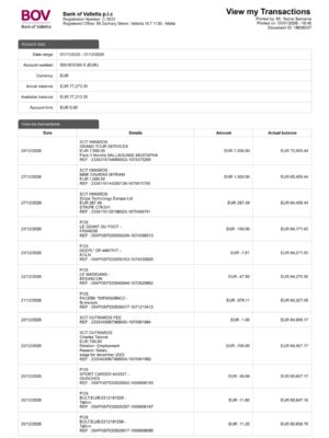 Clean layout of BOV Bank statement – editable Malta version