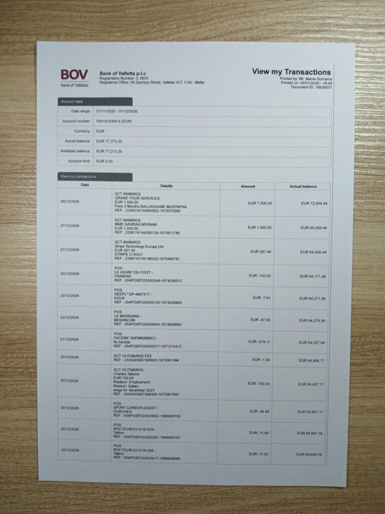 Real photo of Malta BOV Bank – physical evidence for residence