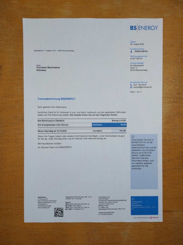 Visual example of printed BS Energy utility bill in Germany