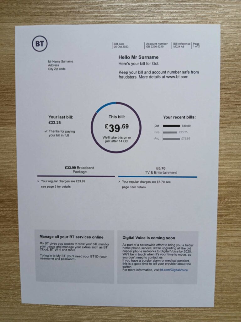BT TV bill printed and photographed – address proof from UK