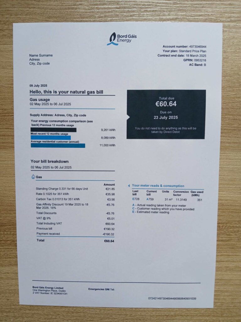 Bord Gáis bill printed and photographed – address proof from UK