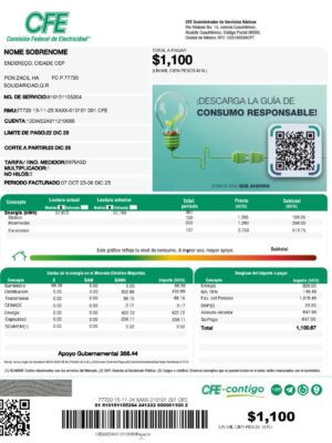 Editable energy bill template – Mexico CFE sample in PDF