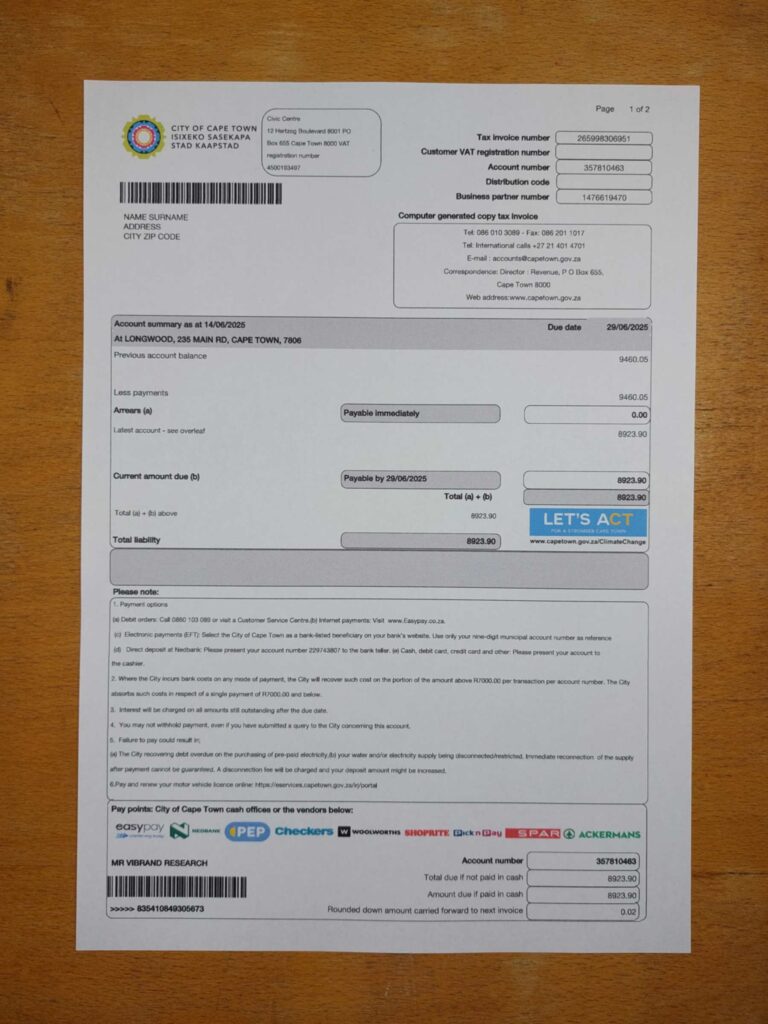 South Africa Visual example of printed energy utility bill in South Africa Cape Town