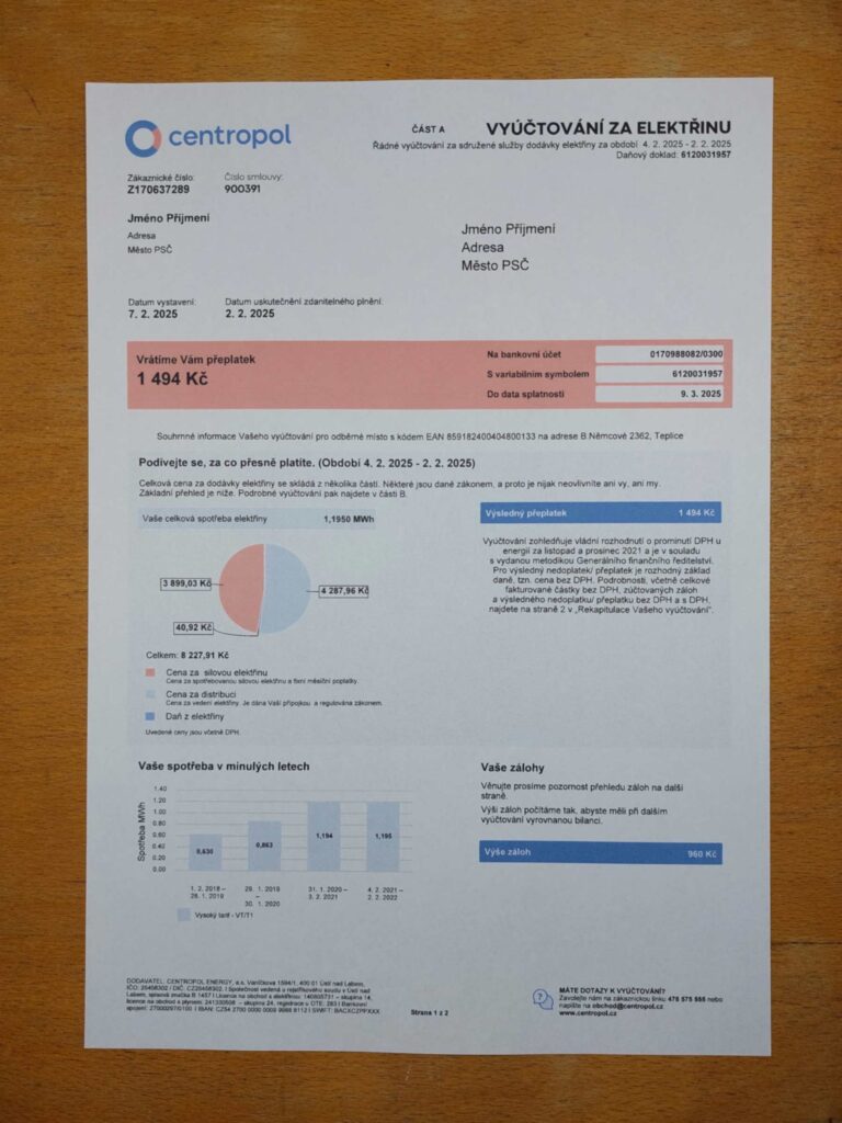 Visual example of printed Centropol utility bill in Czech Republic