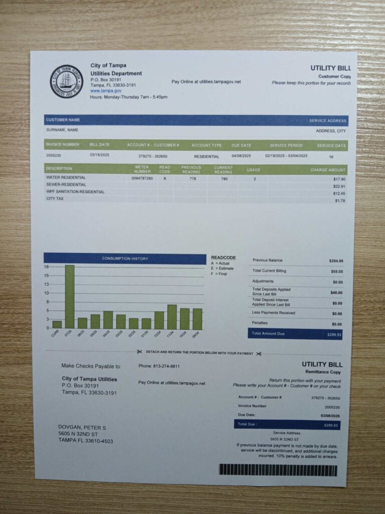 Printable Tampa utility template – 2025 document simulation layout