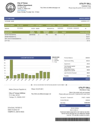 City of Tampa utility bill – Florida water statement template PDF 2025