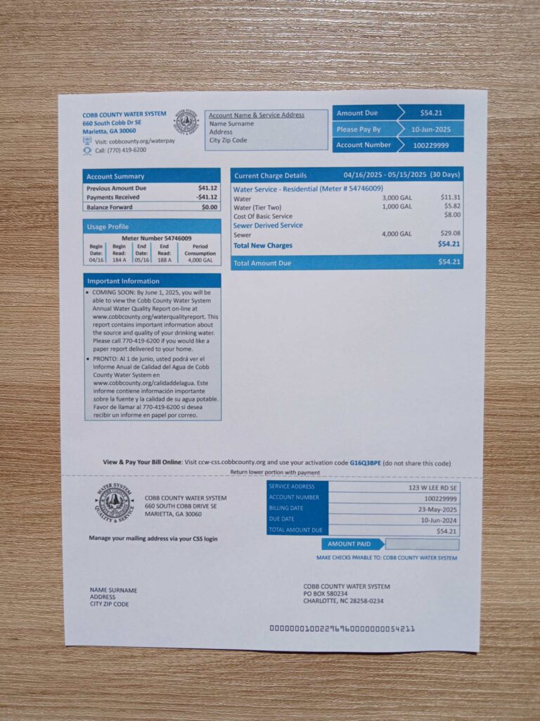 Authentic printed Cobb Water bill from Georgia – proof of address example