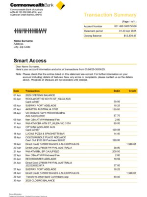 Commonwealth Bank statement from Australia – modifiable PDF template