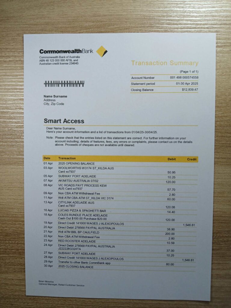 Real photo of Australia Commonwealth Bank – physical evidence for residence