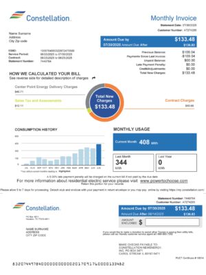 Editable Maryland Constellation Energy utility bill – 2025 PDF template