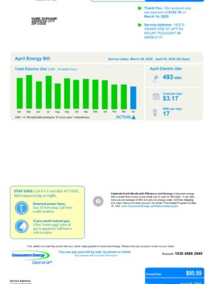 Consumers Energy utility bill – editable Michigan PDF for 2025 UX simulation
