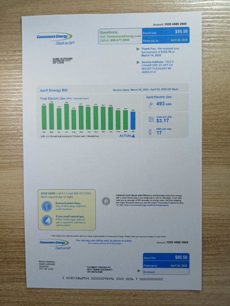 Printable Michigan Consumers Energy bill template – address verification demo