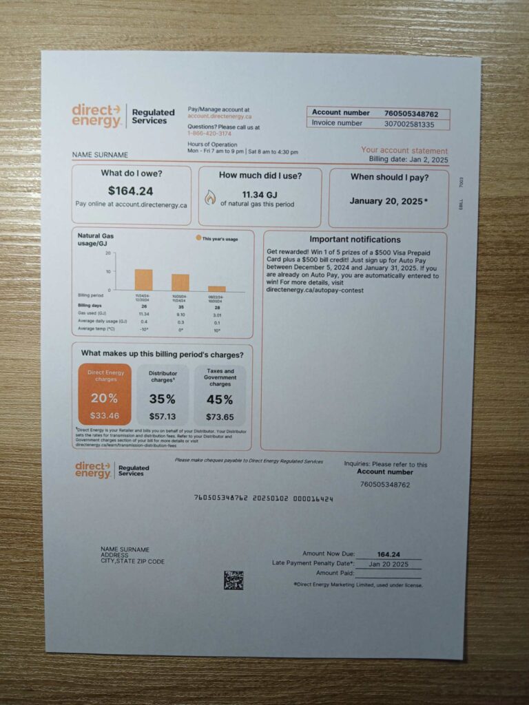 Direct Energy bill printed and photographed – address proof from Canada