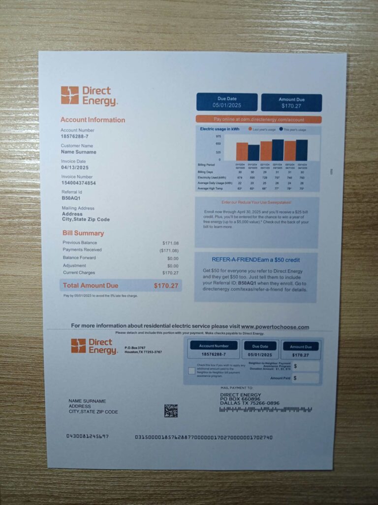 Printed USA Direct Energy statement – verification simulation example