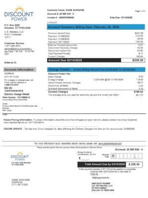 Editable electricity bill template – Texas Discount power sample in PDF