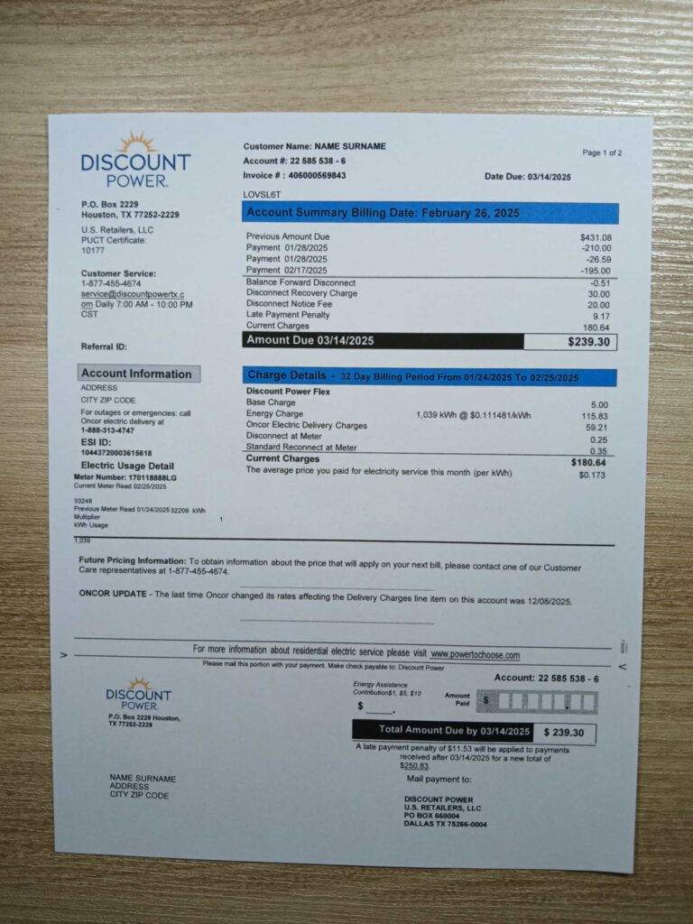 Visual example of printed Discount power utility bill in Texas
