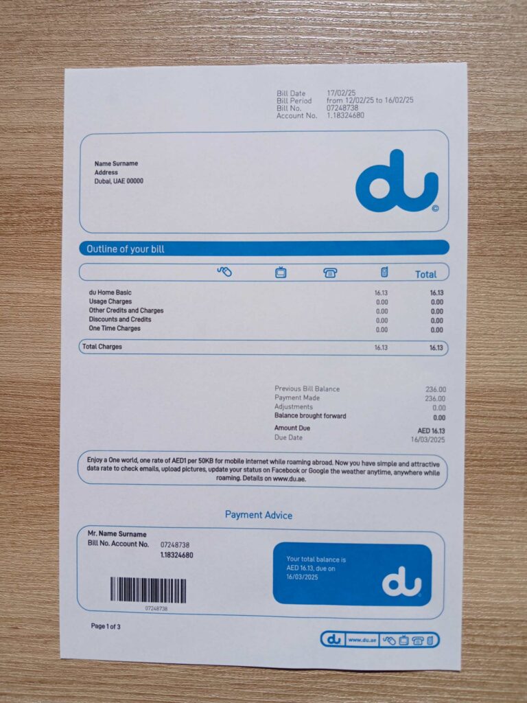 DU Internet bill printed and photographed – address proof from UAE