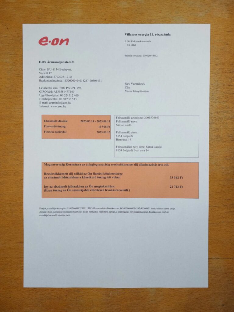 E-ON bill printed and photographed – address proof from Hungary