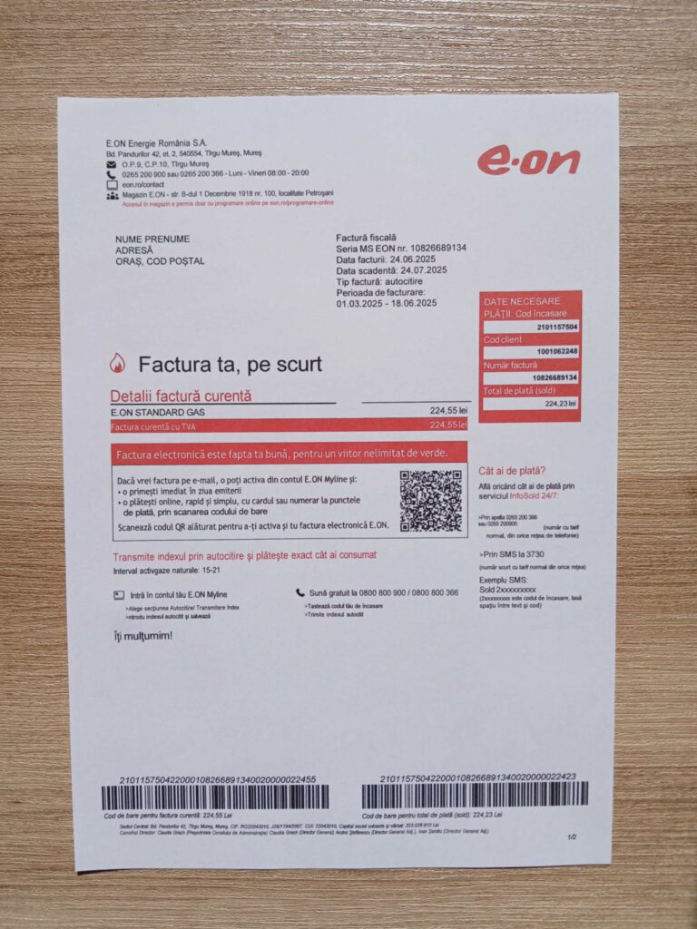 E-ON bill printed and photographed – address proof from Romania