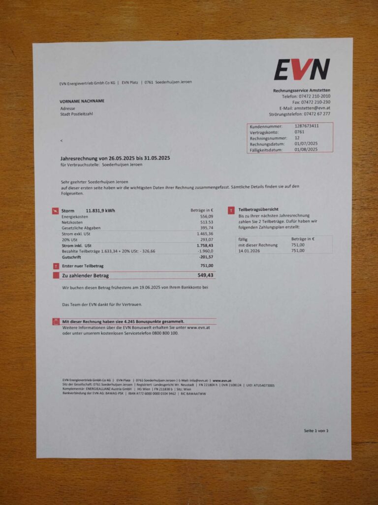 Real photo of Austria EVN bill – physical evidence for residence