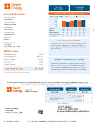 Editable Direct Energy utility bill – USA-wide PDF template for KYC