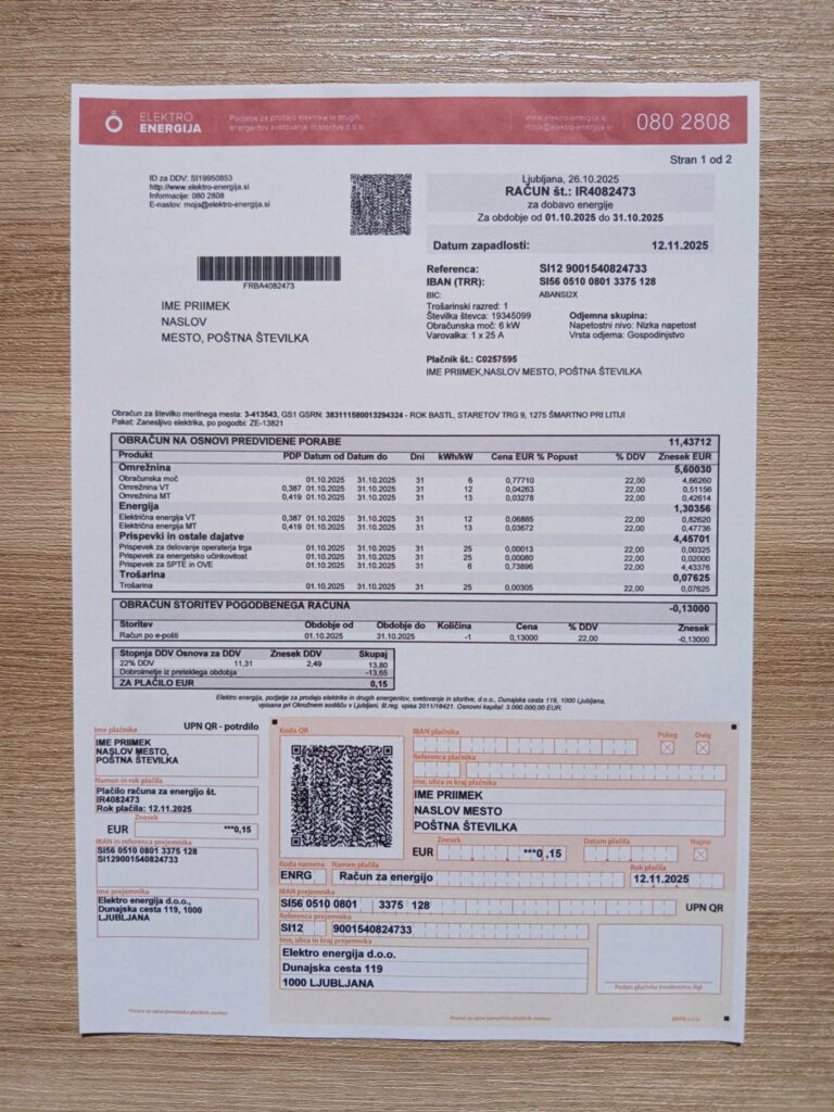 Electro Enerjia bill printed and photographed – address proof from Slovenia