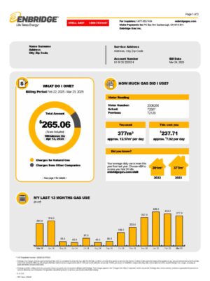 Clean layout of Enbridge gas bill – editable Ontario version