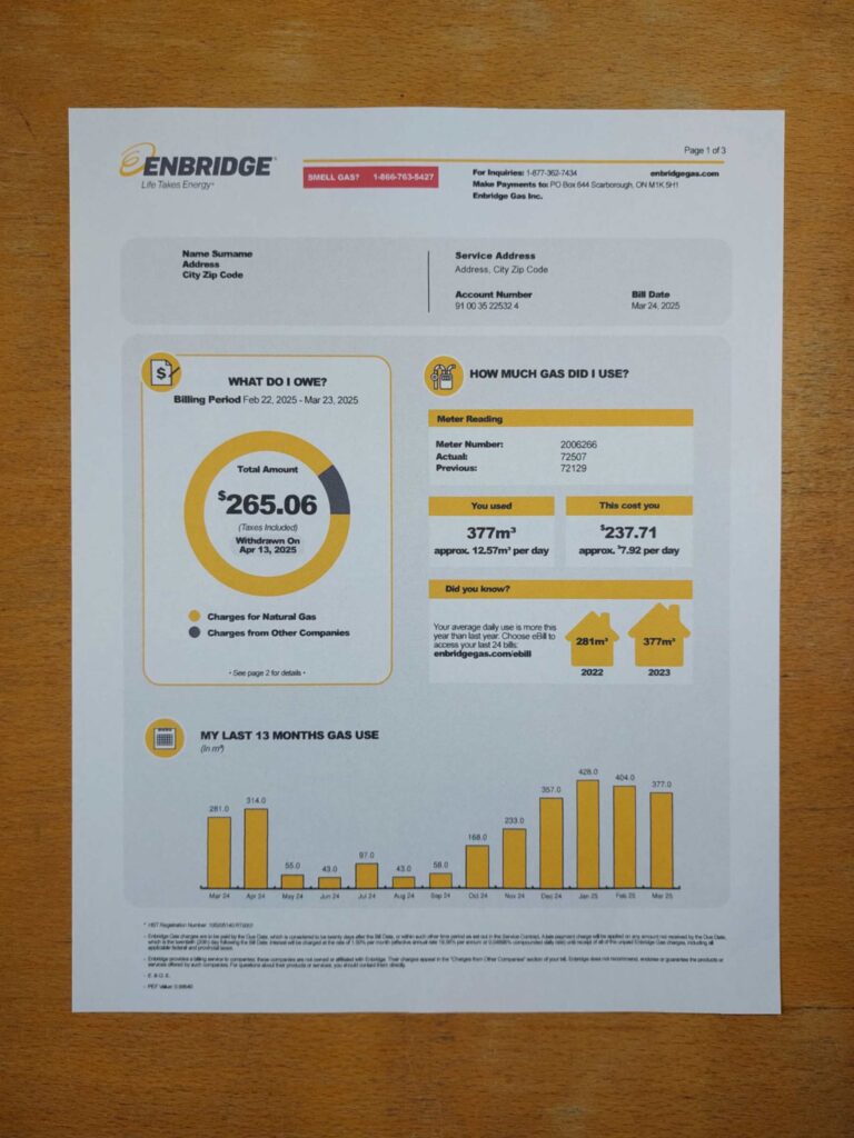 Printed Ontario Enbridge utility bill – real photo for document verification