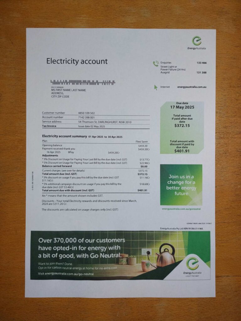 Authentic printed Energy Australia bill from Australia – proof of address example