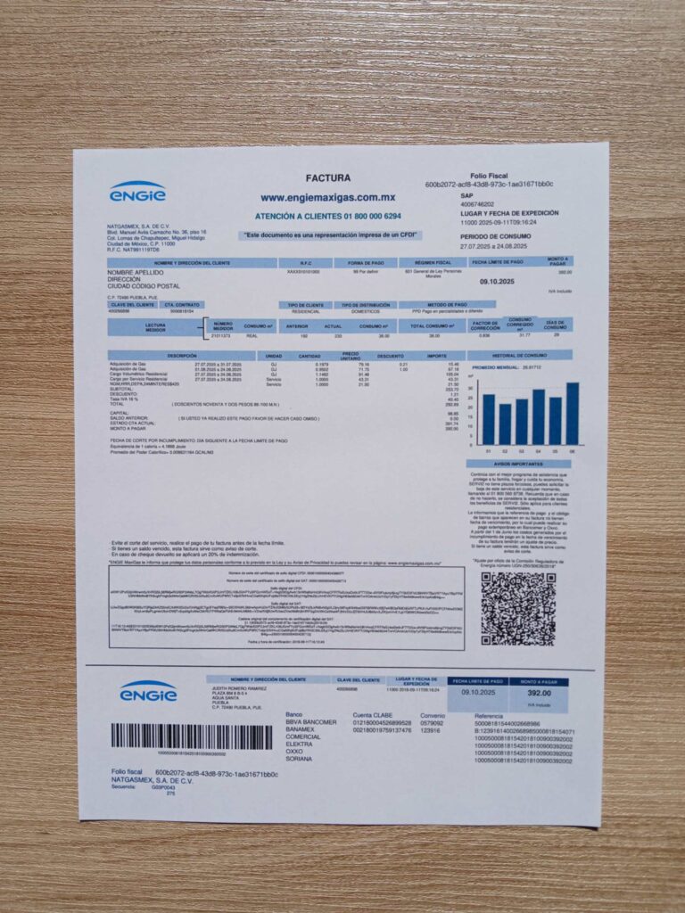 Engie bill printed and photographed – address proof from Mexico