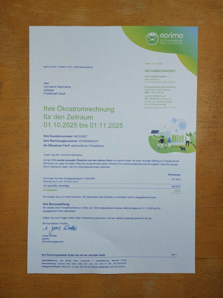 Eprimo bill printed and photographed – address proof from Germany