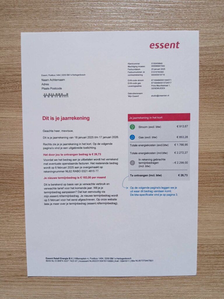 Essent bill printed and photographed – address proof from Netherlands