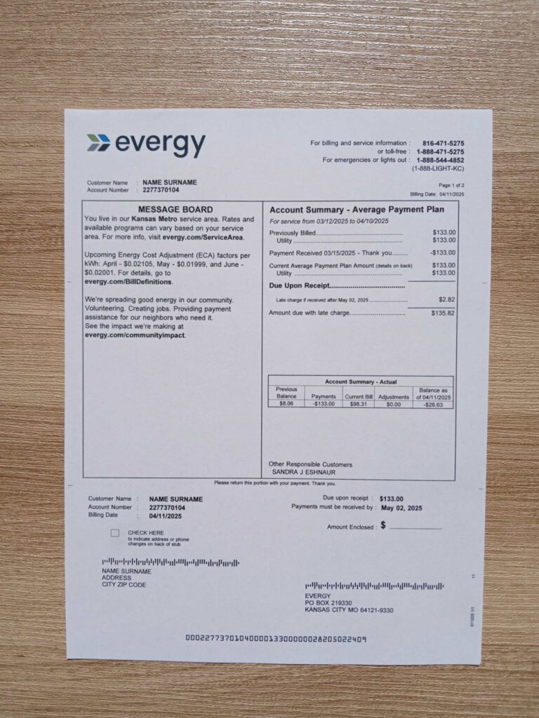 Printed Kansas Evergy utility bill – real photo for document verification